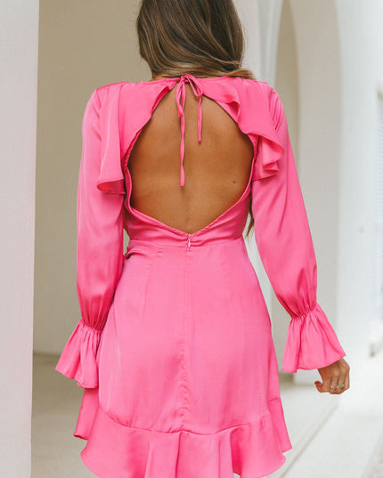 Hot Pink Long Sleeve Satin Dress