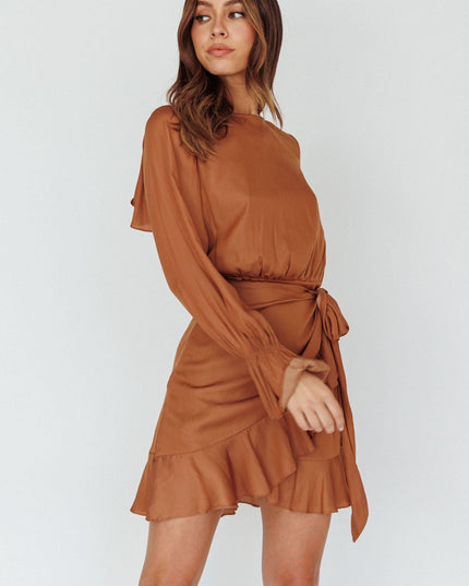 Tan Long Sleeve Satin Dress
