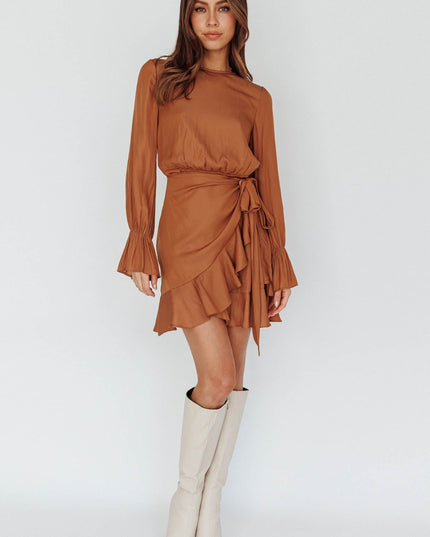 Tan Long Sleeve Satin Dress