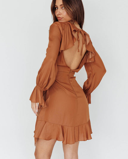 Tan Long Sleeve Satin Dress