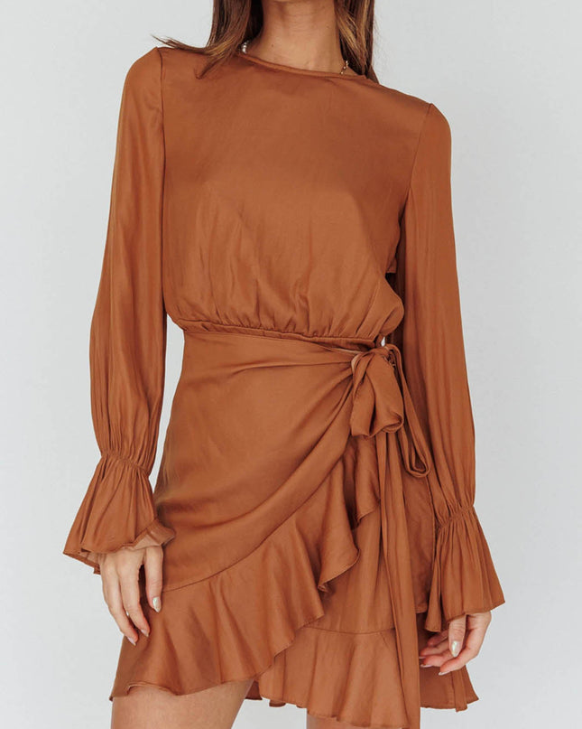 Tan Long Sleeve Satin Dress