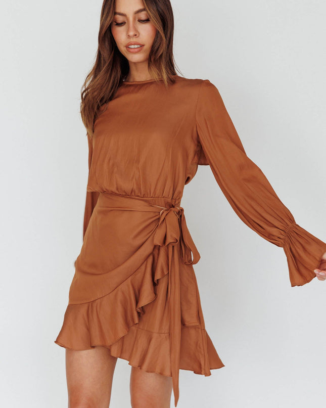 Tan Long Sleeve Satin Dress