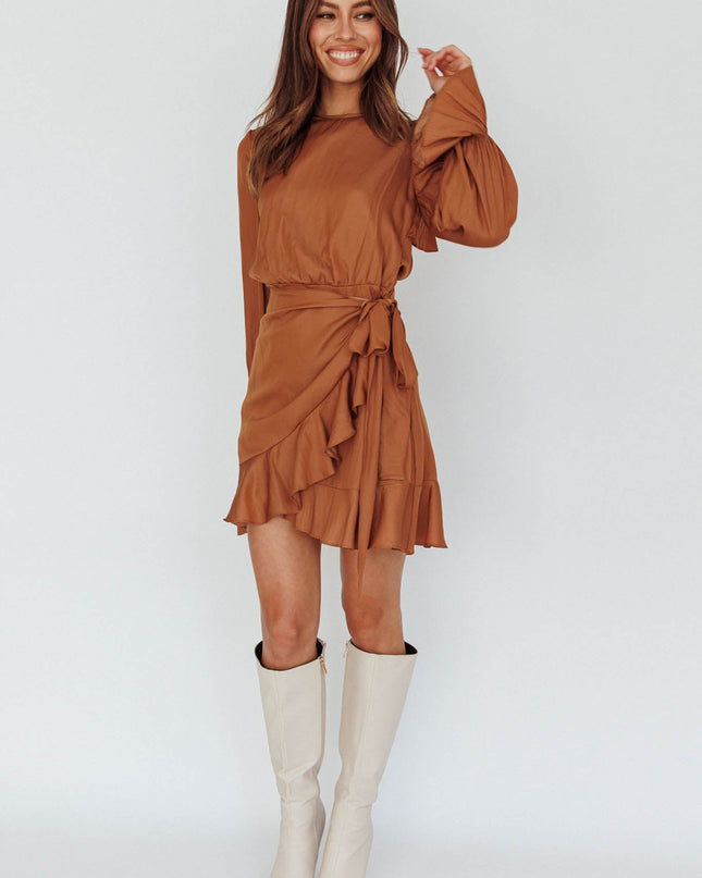 Tan Long Sleeve Satin Dress