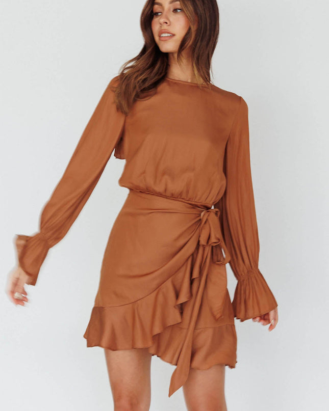 Tan Long Sleeve Satin Dress
