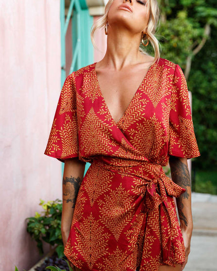Wine V-Neckline Wrap Romper Leaf Print