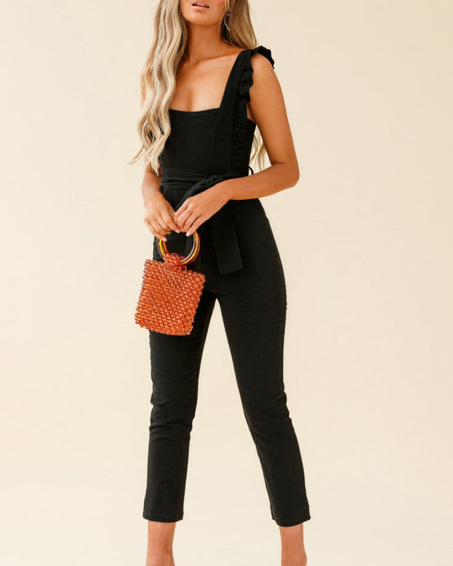 Black Love Square Neckline Ruffle Strap Jumpsuit