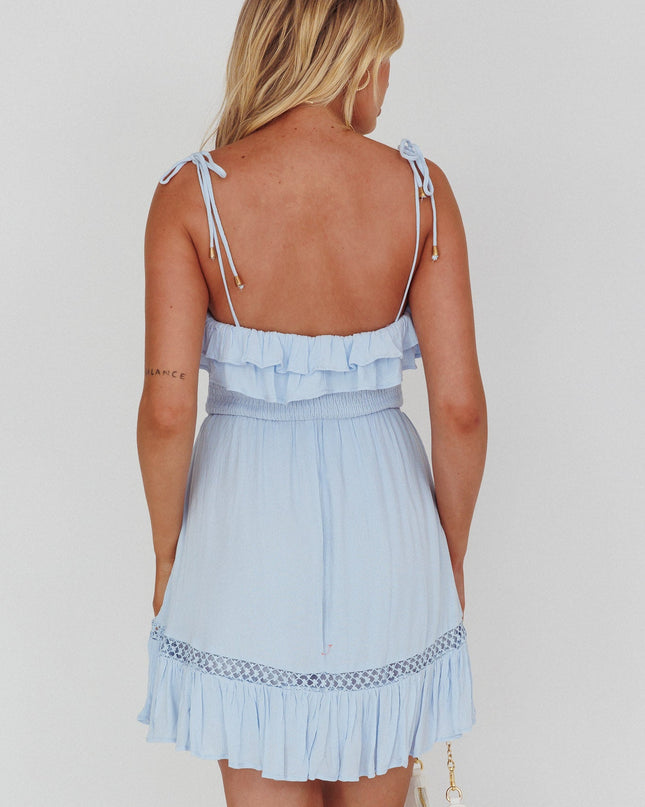 Ice Blue Shirred Bust Frill Trim Mini Dress