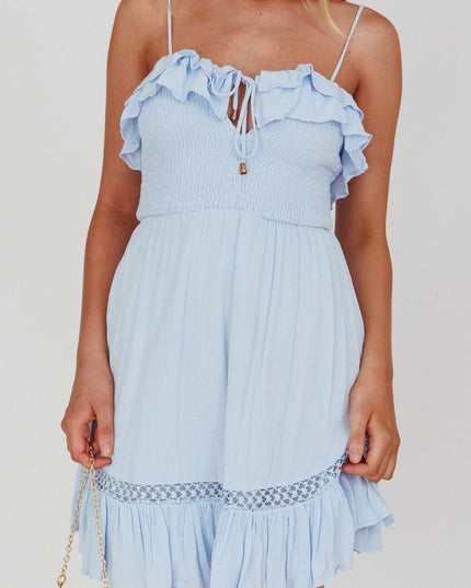 Ice Blue Shirred Bust Frill Trim Mini Dress