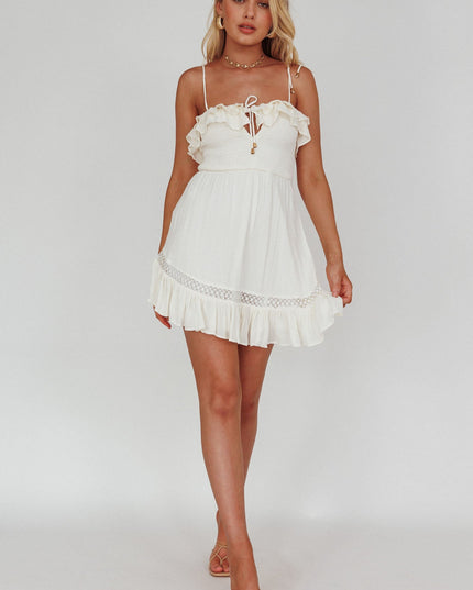 White Shirred Bust Frill Trim Mini Dress