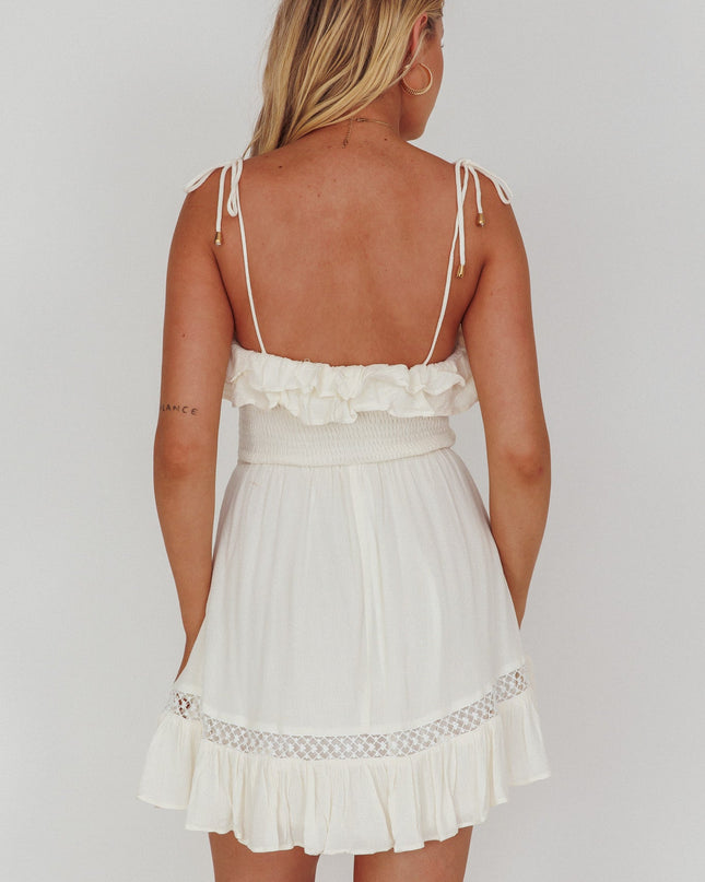 White Shirred Bust Frill Trim Mini Dress