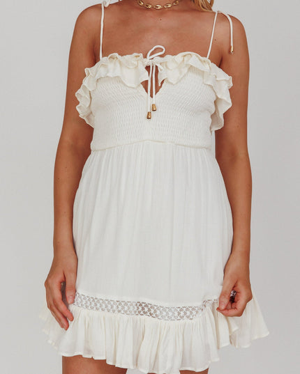 White Shirred Bust Frill Trim Mini Dress