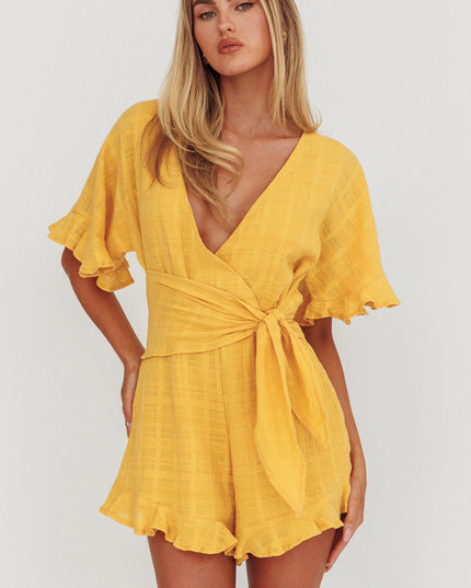 Mustard Frill Trim Waist Tie Romper
