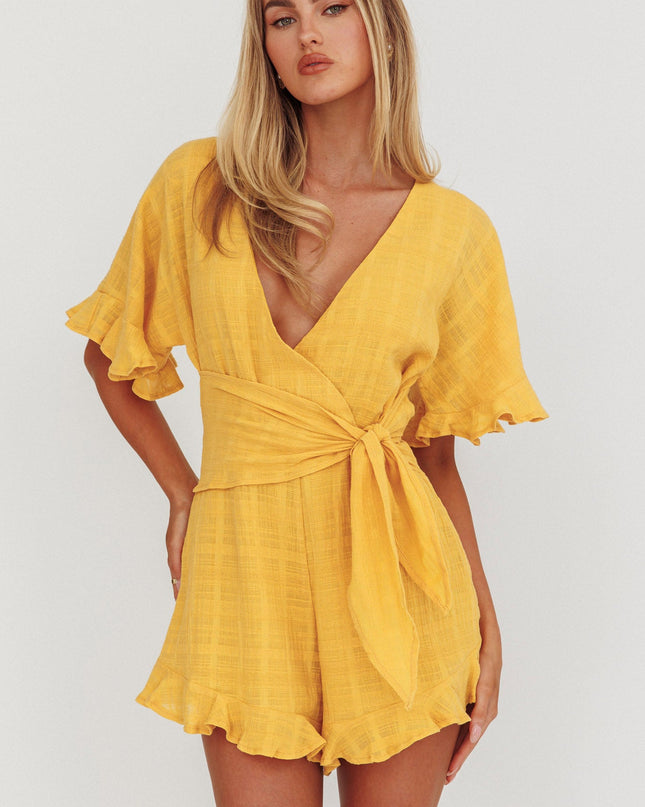 Mustard Frill Trim Waist Tie Romper