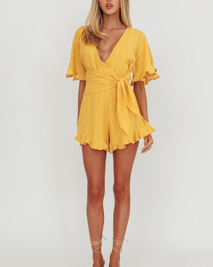 Mustard Frill Trim Waist Tie Romper