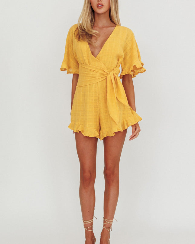 Mustard Frill Trim Waist Tie Romper