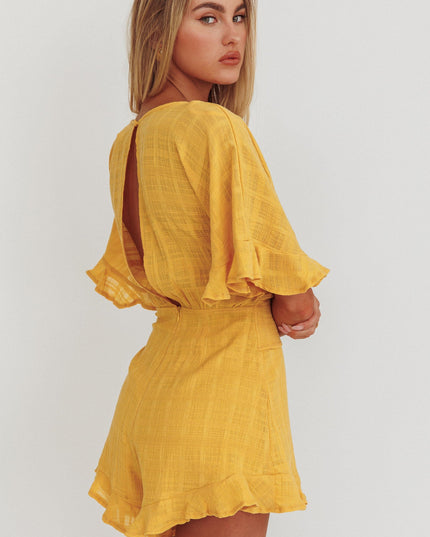 Mustard Frill Trim Waist Tie Romper