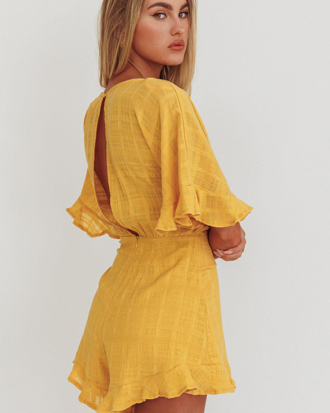 Mustard Frill Trim Waist Tie Romper