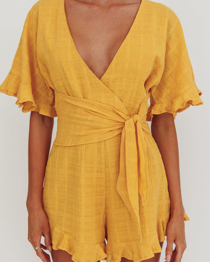 Mustard Frill Trim Waist Tie Romper