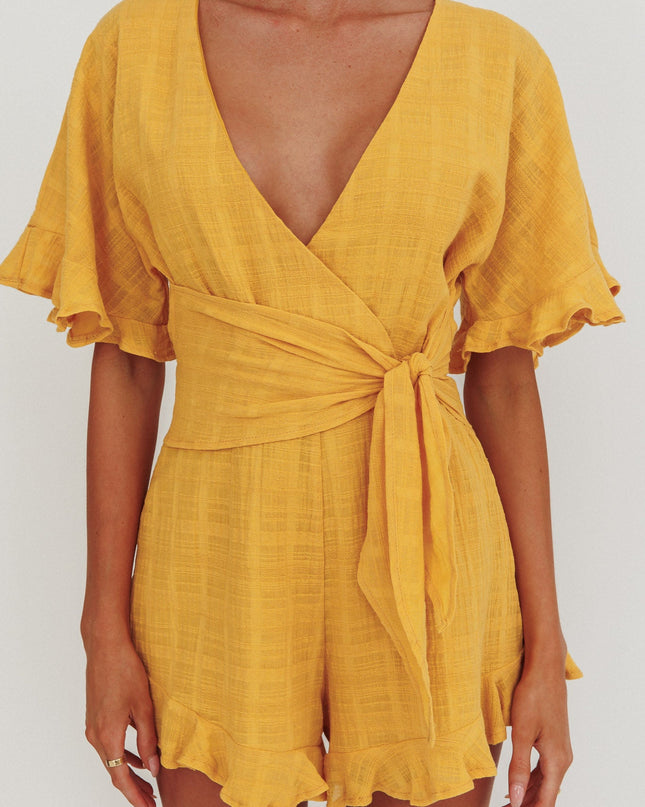 Mustard Frill Trim Waist Tie Romper