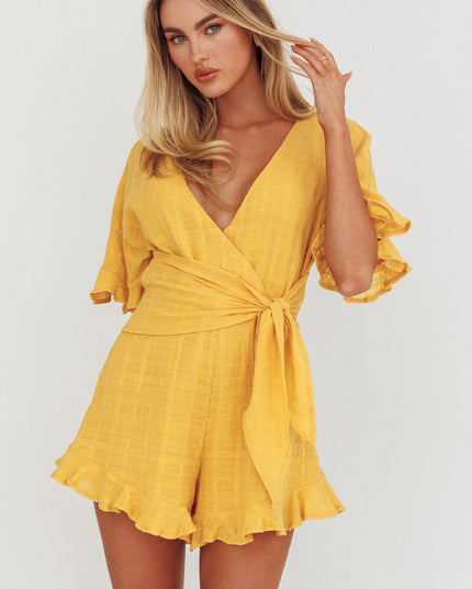 Mustard Frill Trim Waist Tie Romper