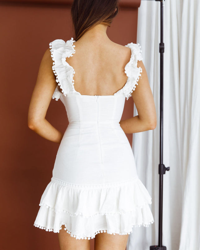 White Ruffle Shoulder Strap Layered Hem Mini Dress