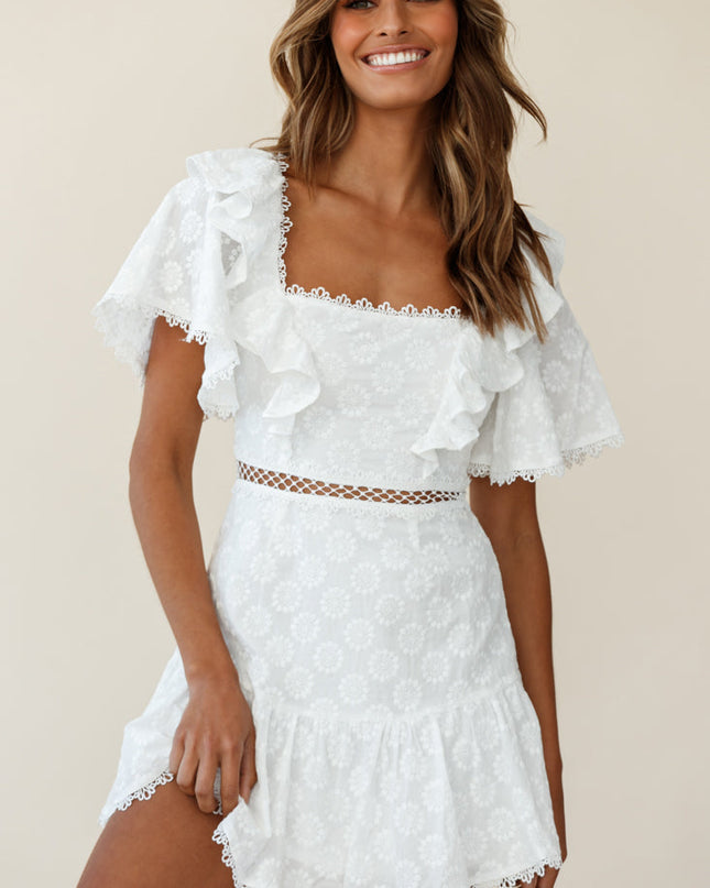 White Flounce Sleeve Lace-Up Back Dress Floral Embossed