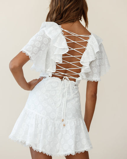 White Flounce Sleeve Lace-Up Back Dress Floral Embossed