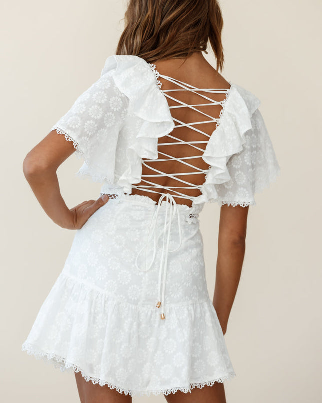 White Flounce Sleeve Lace-Up Back Dress Floral Embossed