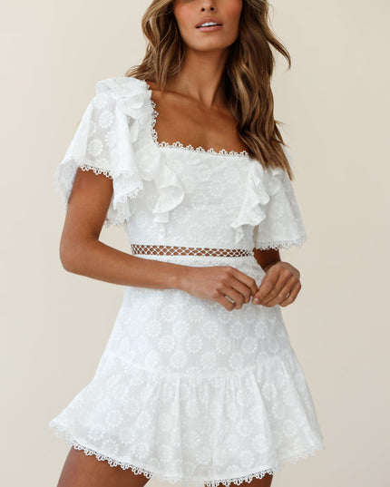 White Flounce Sleeve Lace-Up Back Dress Floral Embossed
