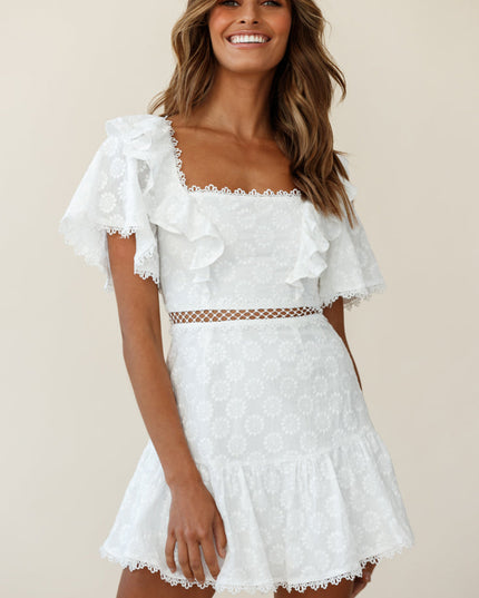 White Flounce Sleeve Lace-Up Back Dress Floral Embossed