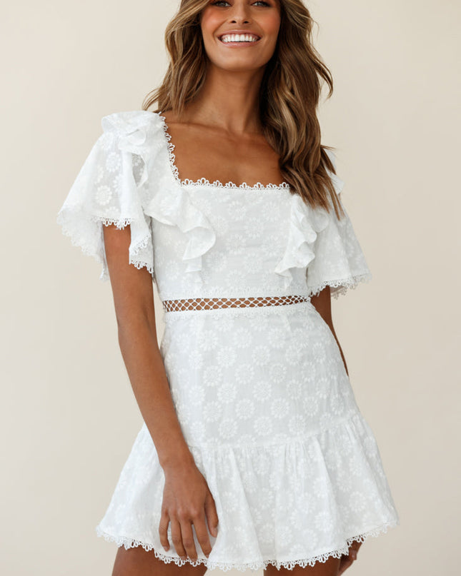 White Flounce Sleeve Lace-Up Back Dress Floral Embossed