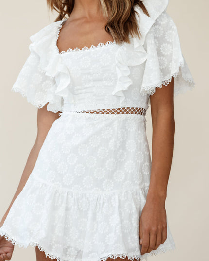 White Flounce Sleeve Lace-Up Back Dress Floral Embossed