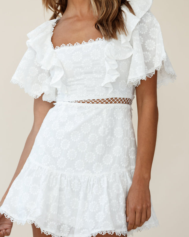 White Flounce Sleeve Lace-Up Back Dress Floral Embossed