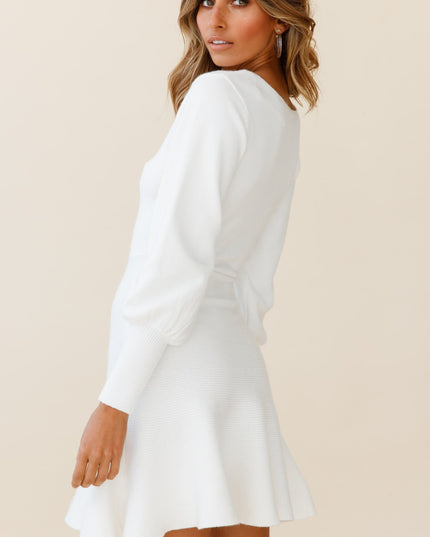 White Sleeve Fluted Hem Dress