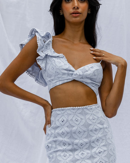Steel Blue Me Ruffle Shoulder Twist Bust Crop Top