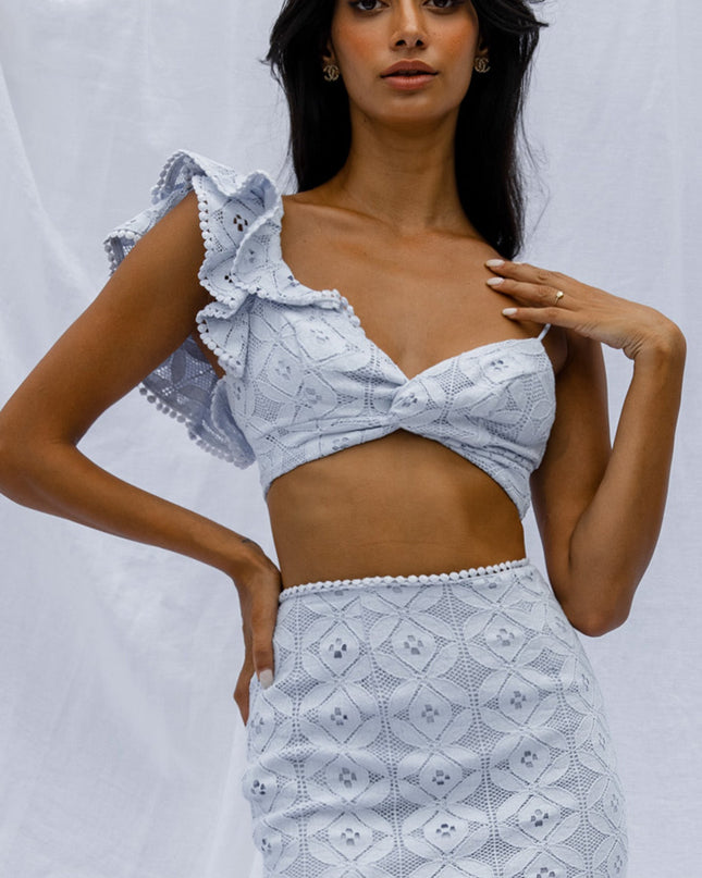 Steel Blue Me Ruffle Shoulder Twist Bust Crop Top