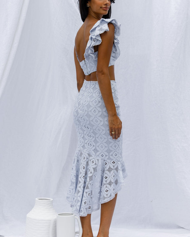 Steel Blue Me Ruffle Shoulder Twist Bust Crop Top