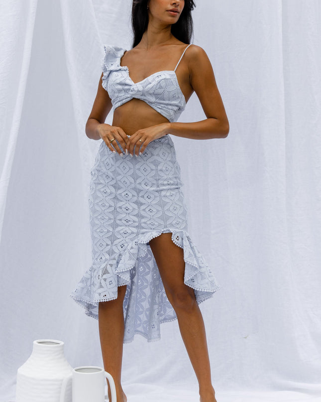 Steel Blue Me Ruffle Shoulder Twist Bust Crop Top