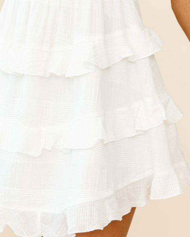 White Shirred Bust Frill Strap Dress