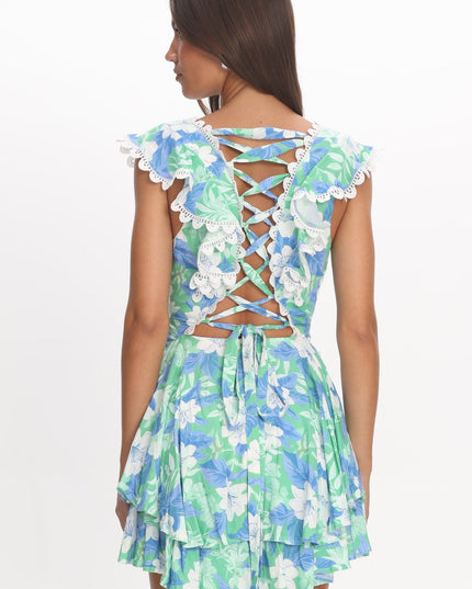 Green Ruffle Shoulder Corset Back Dress Floral