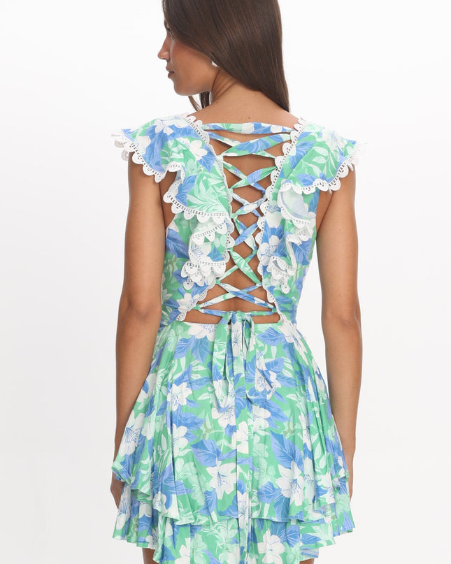 Green Ruffle Shoulder Corset Back Dress Floral
