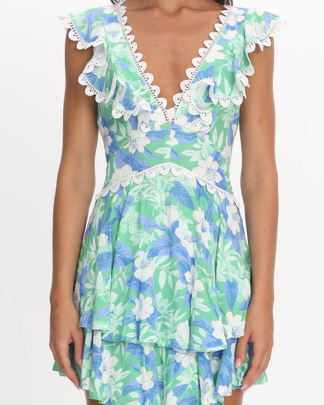 Green Ruffle Shoulder Corset Back Dress Floral