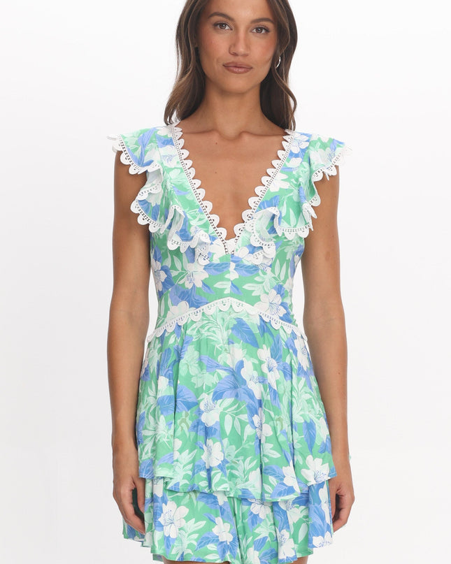 Green Ruffle Shoulder Corset Back Dress Floral