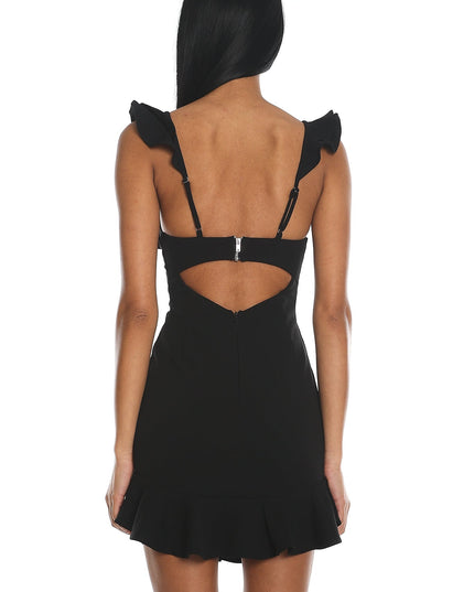 Black Ruffle Strap Cut-Out Back Dress