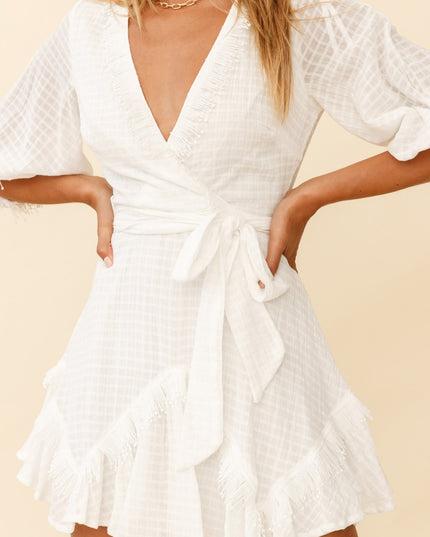 White Fringe Trim Waist Tie Dress