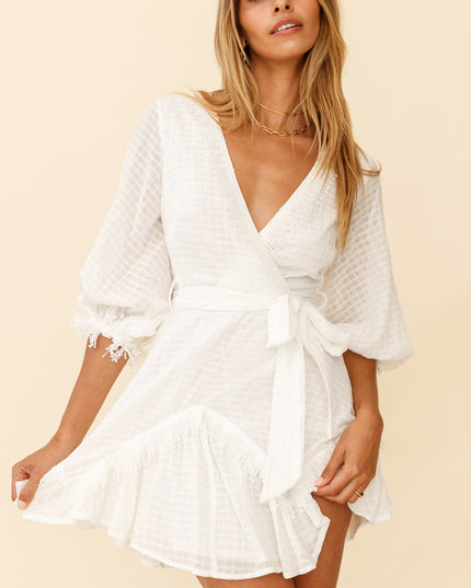 White Fringe Trim Waist Tie Dress
