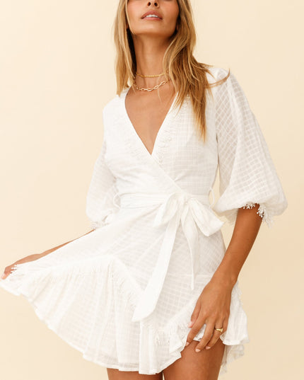 White Fringe Trim Waist Tie Dress