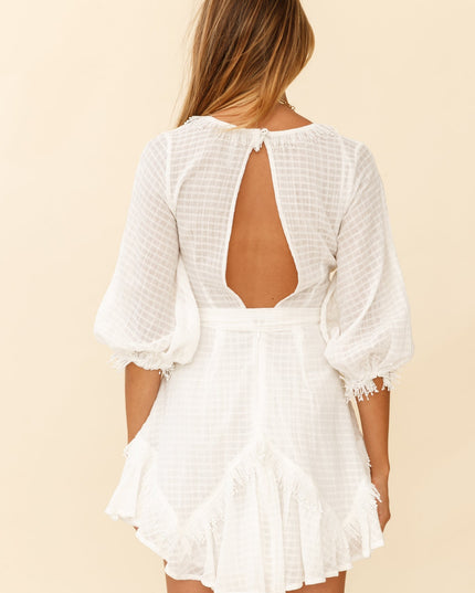 White Fringe Trim Waist Tie Dress