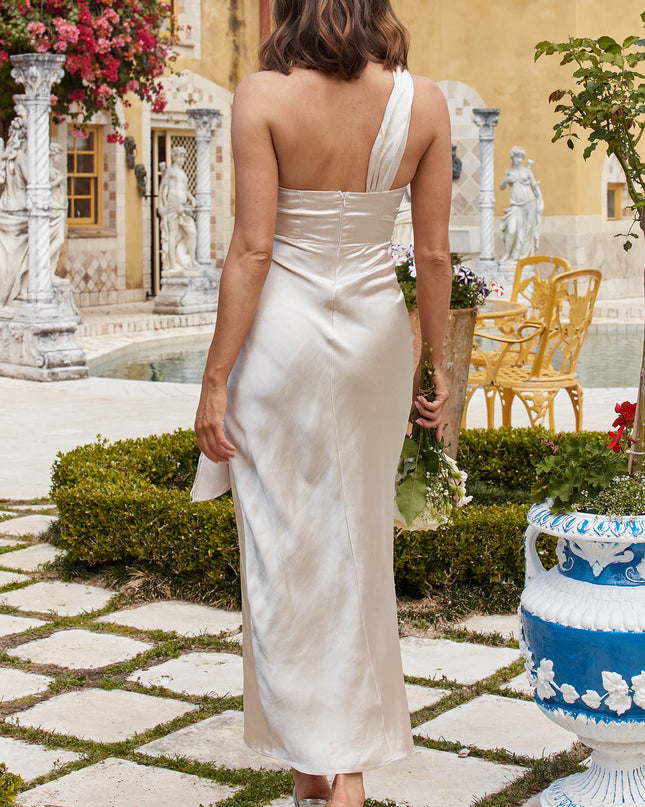Champagne One-Shoulder Midi Dress Satin