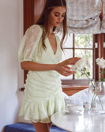 Cherry Blossom Puff Sleeve Wide Ruffle Hem Dress Apple
